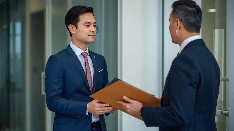 a CFO standing next to a CEO handing him a file